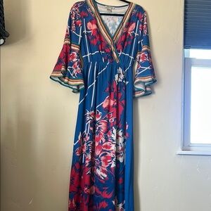 Flying Tomato 3/4 Sleeve Floral V-Neck Maxi Dress Sz Small **see description